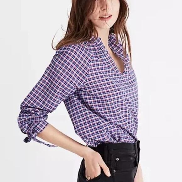 Madewell Blue Red Tie-Sleeve Linen Blend Top in Plaid Size - M - Picture 1 of 9